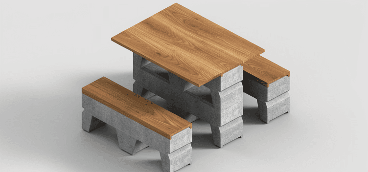 Bench and table made with concrete blocks and wood